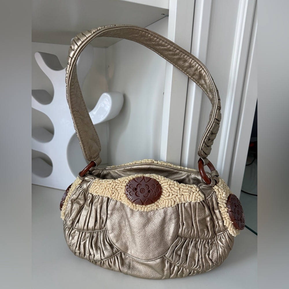 JAMIN PUECH Vestiaire Collective Leather Shoulder Purse Taupe Gold Beaded Ruched